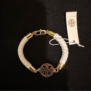 Tory Burch White Braided Bracelet with Gold Logo Disc 6.75”
